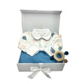 100% PIMA Cotton Boys Collared Footie SET: Up, Up & Away Footie w/Blue Picot Trim, Reversible Blue Blanket and Bib, Teether