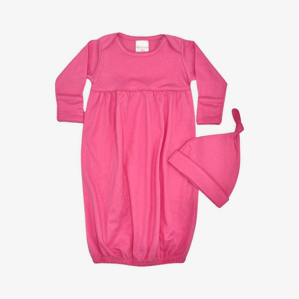 100% PIMA Cotton Newborn Pleated Gown & Hat Set: Hot Pink (0-6 months)