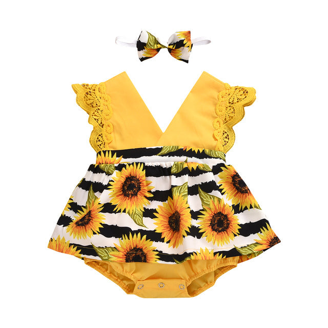 Newborn Baby Girl Lace Ruffle Sunflower Romper Set - # BAAA1B1110003