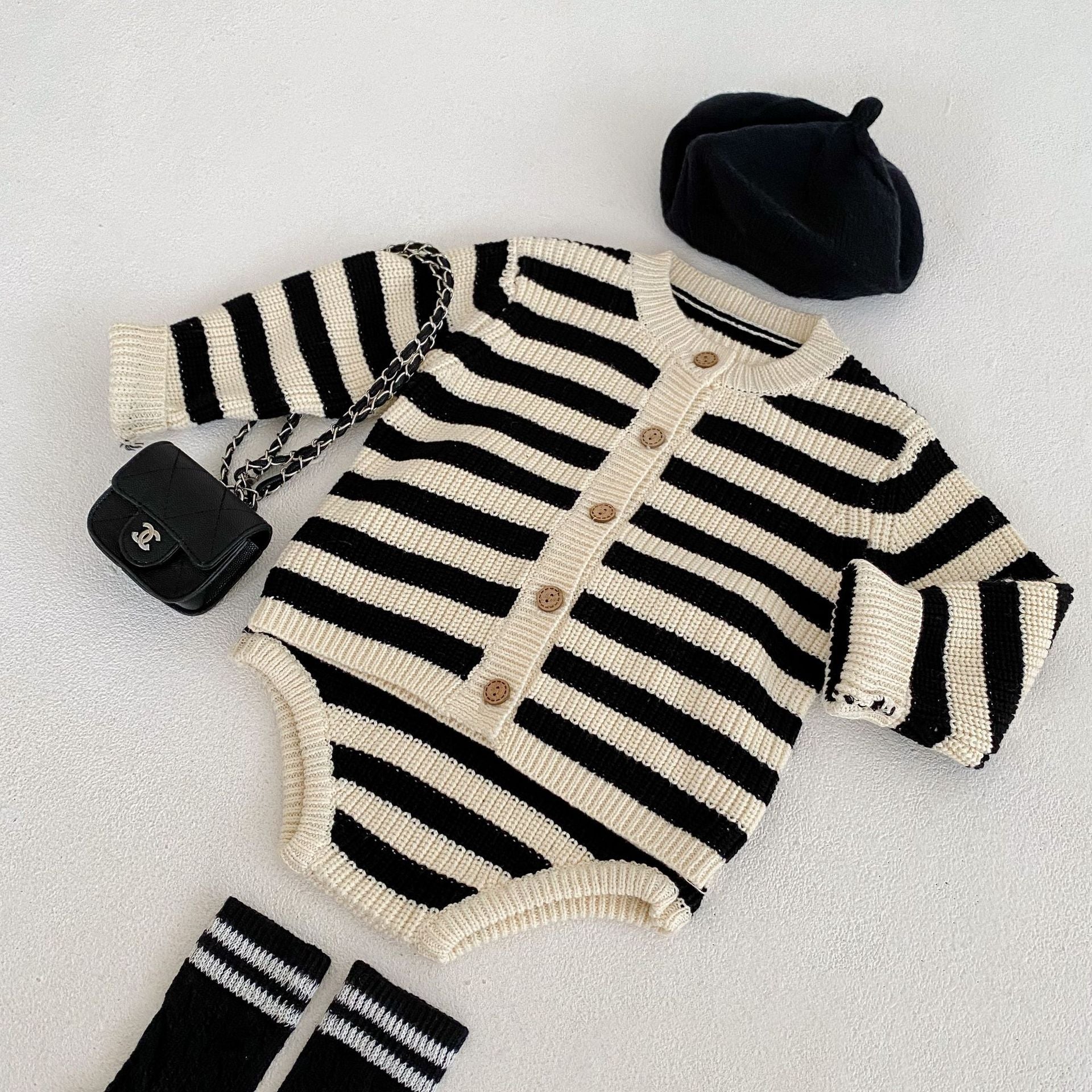 Striped Knitwear Set with Romper and Cardigan (One Set) - # BAAA51210038