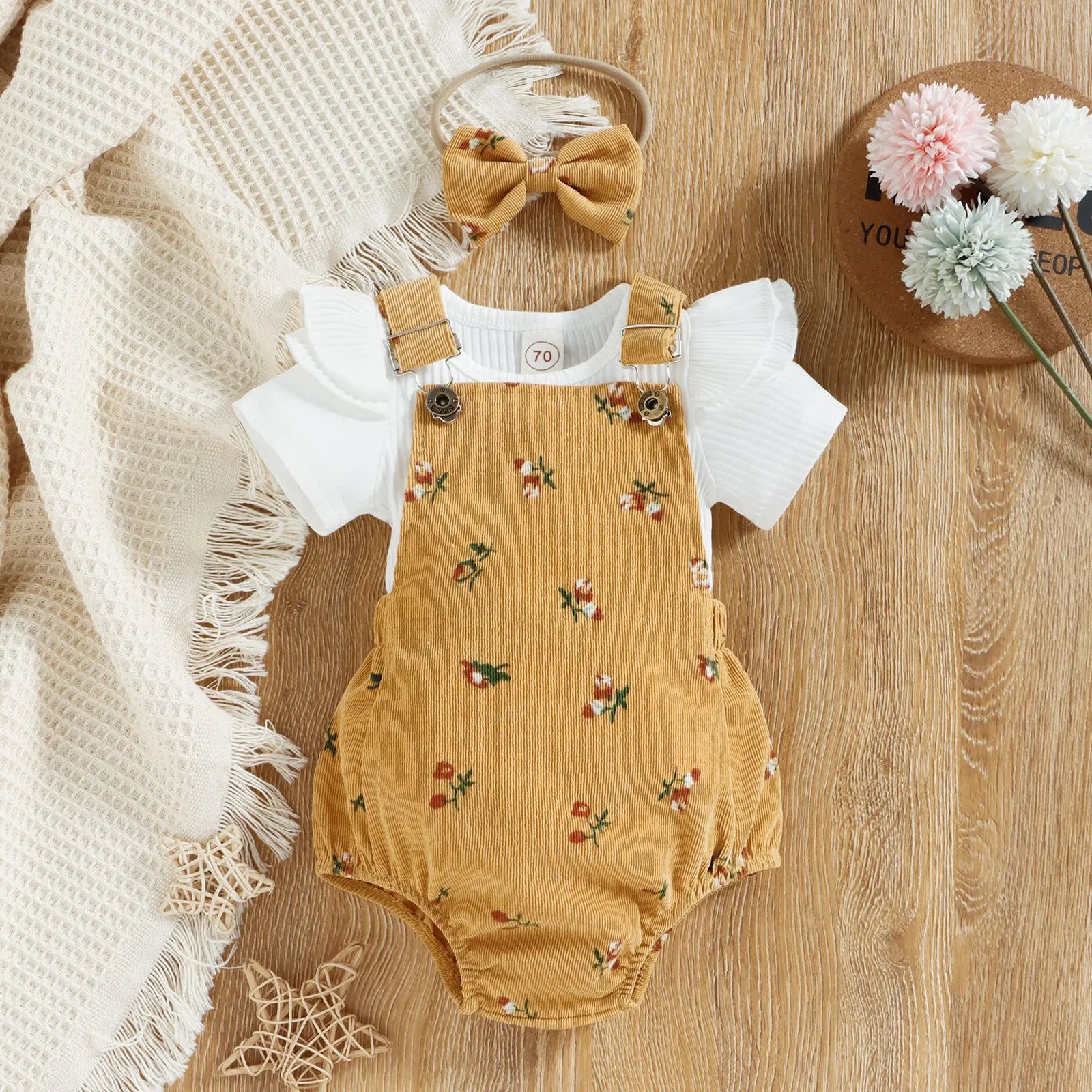 Girls' Floral Corduroy Suspender Pants Set with Headband